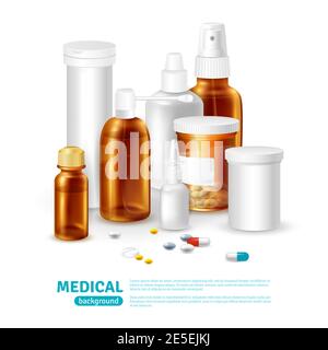 Medical realistic background with medical bottles and different types of pills vector illustration Stock Vector