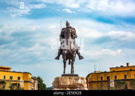 Stature of Skanderbeg in the center of Tirana, Albania Stock Photo