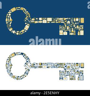 Key shape made from medical icons. Unlocking concept with 28 vector drawings of doctor or medical equipment and symbols. Stock Vector