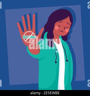 afro young woman victim of bullying with stop signal vector illustration design Stock Vector