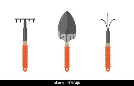 Garden tools. Shovel, rake and hand cultivator isolated on white background. Vector illustration in flat cartoon style. Domestic orangery and care Stock Vector