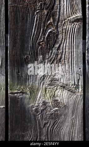 Old dark wood board, plank, closeup, with natural patterns, drawn from the weather, abstract, textured background, clear underground. Stock Photo