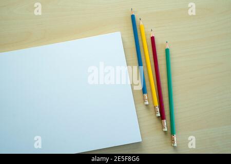 Blank plain notebook top view blank Design concept background for mockup book  page with stationary Blank plain notebook Stock Photo