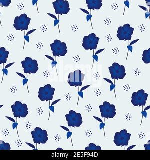 Modern fashionable vector seamless floral ditsy pattern design of blue flowers. Elegant repeating blooming flowers texture background for textile Stock Vector