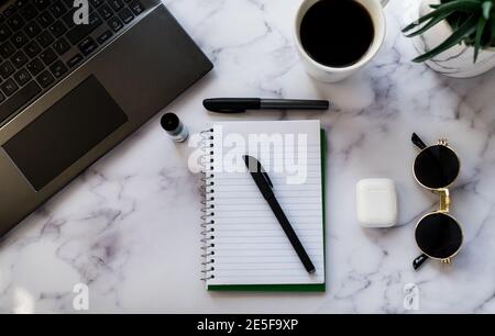 Flat layout office desk, top view, productivity, concentration, work, and planning concept Stock Photo