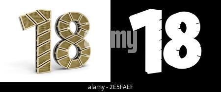 Gold number eighteen (number 18) cut into perforated gold segments with alpha channel and shadow on white background. 3D illustration Stock Photo