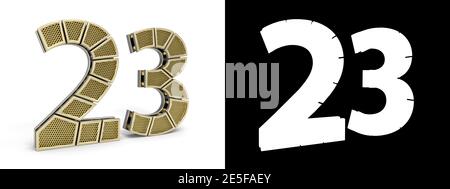 Gold number twenty-three (number 23) cut into perforated gold segments with alpha channel and shadow on white background. 3D illustration Stock Photo