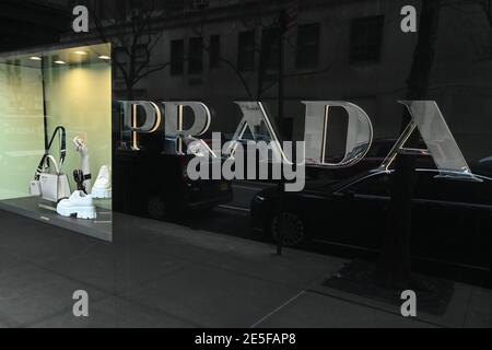 Logo and window display at the Prada Madison Avenue boutique in New York, NY,  January 27,