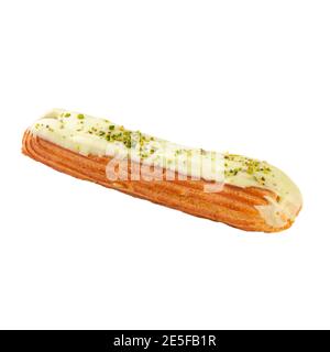 Isolated pistachio eclair brewing cake on white Stock Photo