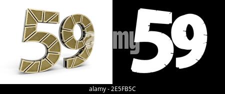 Gold number fifty-nine (number 59) cut into perforated gold segments with alpha channel and shadow on white background. 3D illustration Stock Photo