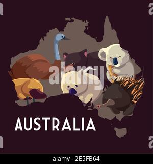 animals australian map wildlife include koala wombat emu hedgehog vector illustration Stock Vector