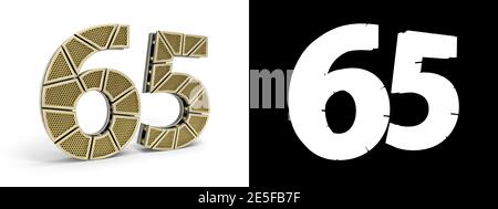 Gold number sixty-five (number 65) cut into perforated gold segments with alpha channel and shadow on white background. 3D illustration Stock Photo