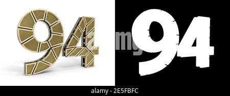 Gold number ninety-four (number 94) cut into perforated gold segments with alpha channel and shadow on white background. 3D illustration Stock Photo