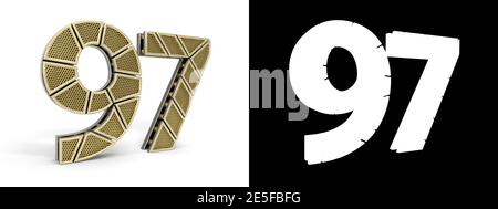 Gold number ninety-seven (number 97) cut into perforated gold segments with alpha channel and shadow on white background. 3D illustration Stock Photo