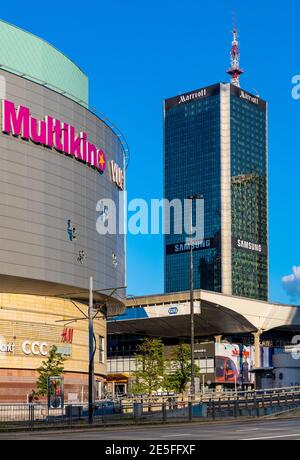 Warsaw, Poland - May 22, 2020: Marriott Hotel and office tower rising above Warsaw Central railway station in Srodmiescie district of Warsaw Stock Photo