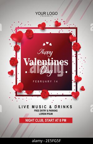 happy valentine's day event invitation poster red heart with rose flower frame. vector illustration design Stock Vector