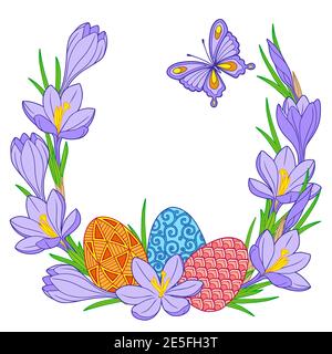 Happy Easter. Frame of Bright Easter eggs and crocus flowers Stock Vector