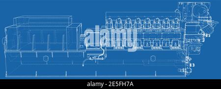 High voltage industrial standby dieasel generator at a power generation. The layers of visible and invisible lines are separated. Wire-frame Stock Vector