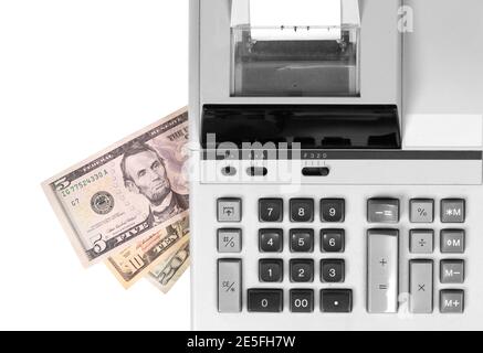 Old fashioned calculator dollars, isolated on white Stock Photo
