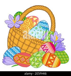 Happy Easter. Bright easter eggs and flowers in basket on white background Stock Vector