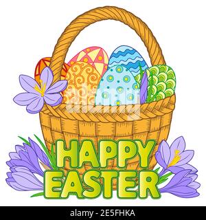 Happy Easter. Bright easter eggs and flowers in basket on white background Stock Vector