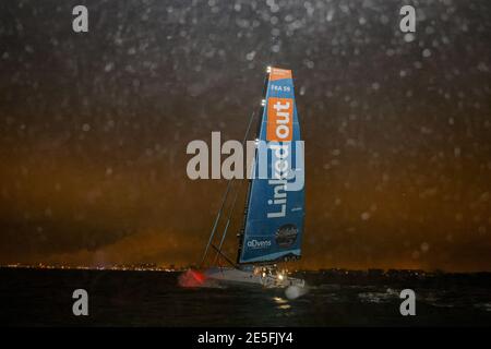 Thomas Ruyant (fra) sailing on the Imoca Linkedout finishing the VendÃ©e Globe 2020-2021 in 80 Days 15 Hours 22 minutes and 01 seconds during the arrival of the 2020-2021 VendÃ©e Globe, 9th edition of the solo non-stop round the world yacht race, on January 27th 2021 in Les Sables-d'Olonne, France - Photo Pierre Bouras / DPPI / LiveMedia Stock Photo
