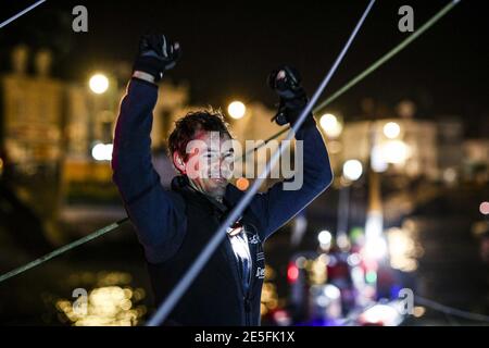 Thomas Ruyant (fra) sailing on the Imoca Linkedout finishing the VendÃ©e Globe 2020-2021 in 80 Days 15 Hours 22 minutes and 01 seconds during the arrival of the 2020-2021 VendÃ©e Globe, 9th edition of the solo non-stop round the world yacht race, on January 27th 2021 in Les Sables-d'Olonne, France - Photo Pierre Bouras / DPPI / LiveMedia Stock Photo