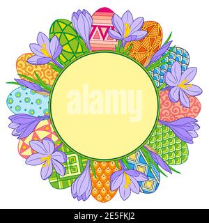 Round frame made of bright easter eggs and crocus flowers Stock Vector
