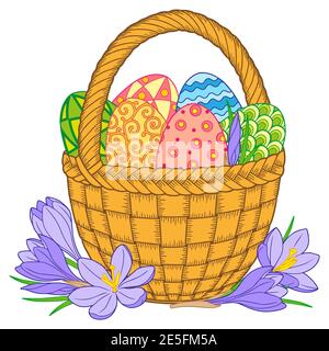Bright easter eggs and flowers in basket on white background Stock Vector
