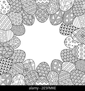 Happy Easter. Frame with black and white doodle easter eggs. Coloring book for adults for relaxation and meditation. Vector isolated elements Stock Vector