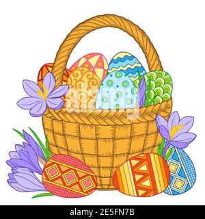 Bright easter eggs and flowers in basket on white background Stock Vector