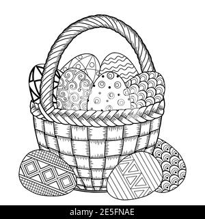Happy Easter. Black and White Doodle Easter Eggs in the basket. Coloring book for adults for relax and meditation. Vector isolated elements Stock Vector