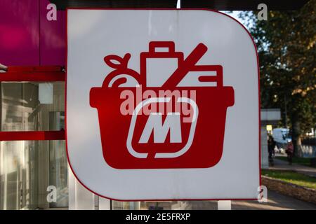 Krasnodar, Krasnodar Krai, Russia, November 5, 2020: Magnit - leading food retail chain in Russia. Signboard closeup Stock Photo