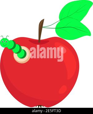 Red apple with a caterpillar. Vector caterpillar eats an apple. Apple with a worm. Stock Vector