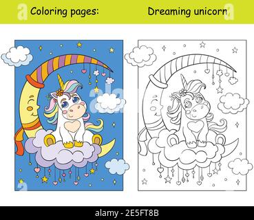 Cute unicorn baby sitting on a cloud with moon and stars. Coloring book page wih colored template. Vector cartoon illustration isolated on white. For Stock Vector