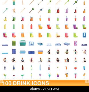 100 drink icons set. Cartoon illustration of 100 drink icons vector set isolated on white background Stock Vector