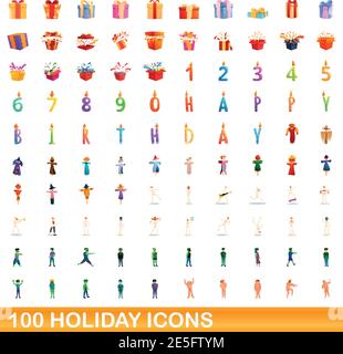100 holiday icons set. Cartoon illustration of 100 holiday icons vector set isolated on white background Stock Vector