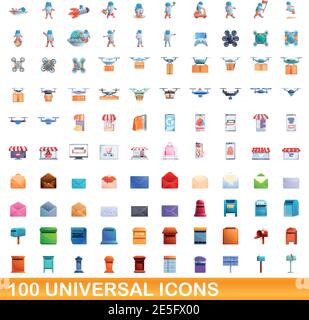 100 universal icons set. Cartoon illustration of 100 universal icons vector set isolated on white background Stock Vector