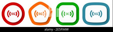 5G internet wireless communication, network vector icon set, flat design buttons on white background Stock Vector