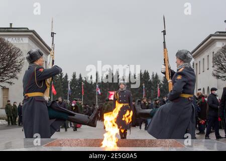 (210128) -- ST. PETERSBURG, Jan. 28, 2021 (Xinhua) -- A ceremony to mark the 77th anniversary of ending the Nazi siege of Leningrad during World War II is held at the Piskaryovskoye Memorial Cemetery in St. Petersburg, Russia, Jan. 27, 2021. Activities were held here to mark the 77th anniversary of ending the Nazi siege of Leningrad during World War II. Leningrad was besieged by the Nazi troops on Sept. 8, 1941 and the siege was lifted on Jan. 27, 1944. (Photo by Irina Motina/Xinhua) Stock Photo