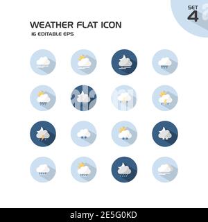 Weather and meteorology group. Clouds, fog, rain, storm, snow and sleet. Isolated color icon set in a circle. Flat vector illustration Stock Vector