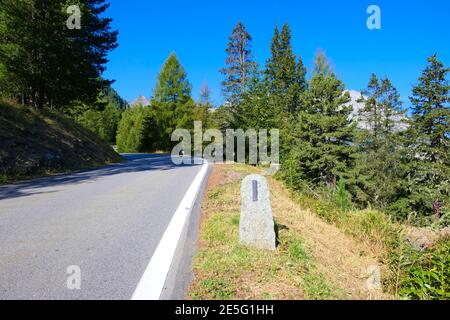 Picturesque winding route through fir forests and mountain valleys, with road posts Stock Photo
