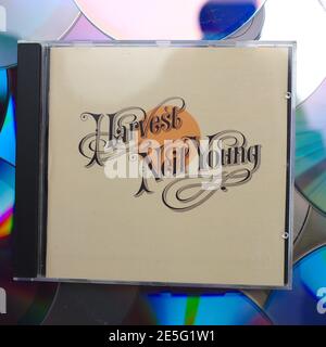 A copy of the Neil Young album Harvest on CD Stock Photo