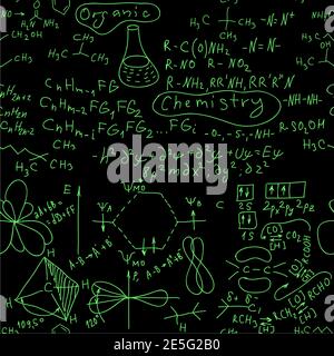 Seamless Organic chemistry formulas hand written green glow background on a blackboard vector illustration. All formulas are correct. Stock Vector