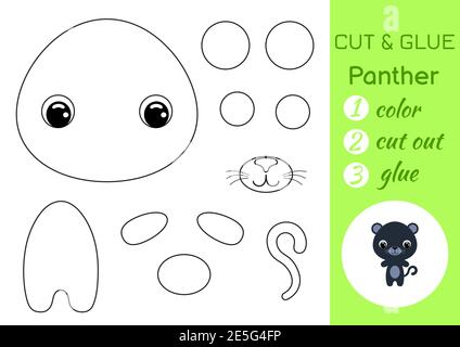 Coloring book cut and glue baby panther. Educational paper game for preschool children. Cut and Paste Worksheet. Color, cut parts and glue on paper. Stock Vector