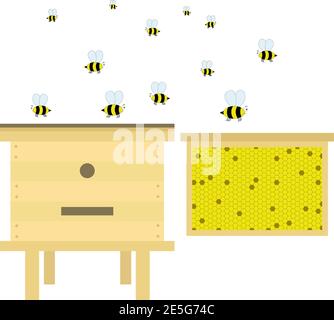 Beehive with apiary, frame with honeycombs and nectar. Vector elements of beekeeping. Stock Vector