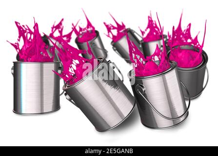 Vibrant purple paint tins falling over splashing paint on a white background 3d render Stock Photo