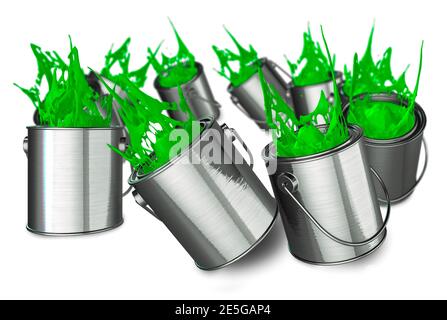 Vibrant green paint tins falling over splashing paint on a white background 3d render Stock Photo