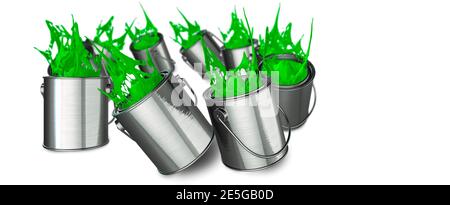 Vibrant green paint tins falling over splashing paint on a white background 3d render Stock Photo