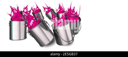 Vibrant purple paint tins falling over splashing paint on a white background 3d render Stock Photo